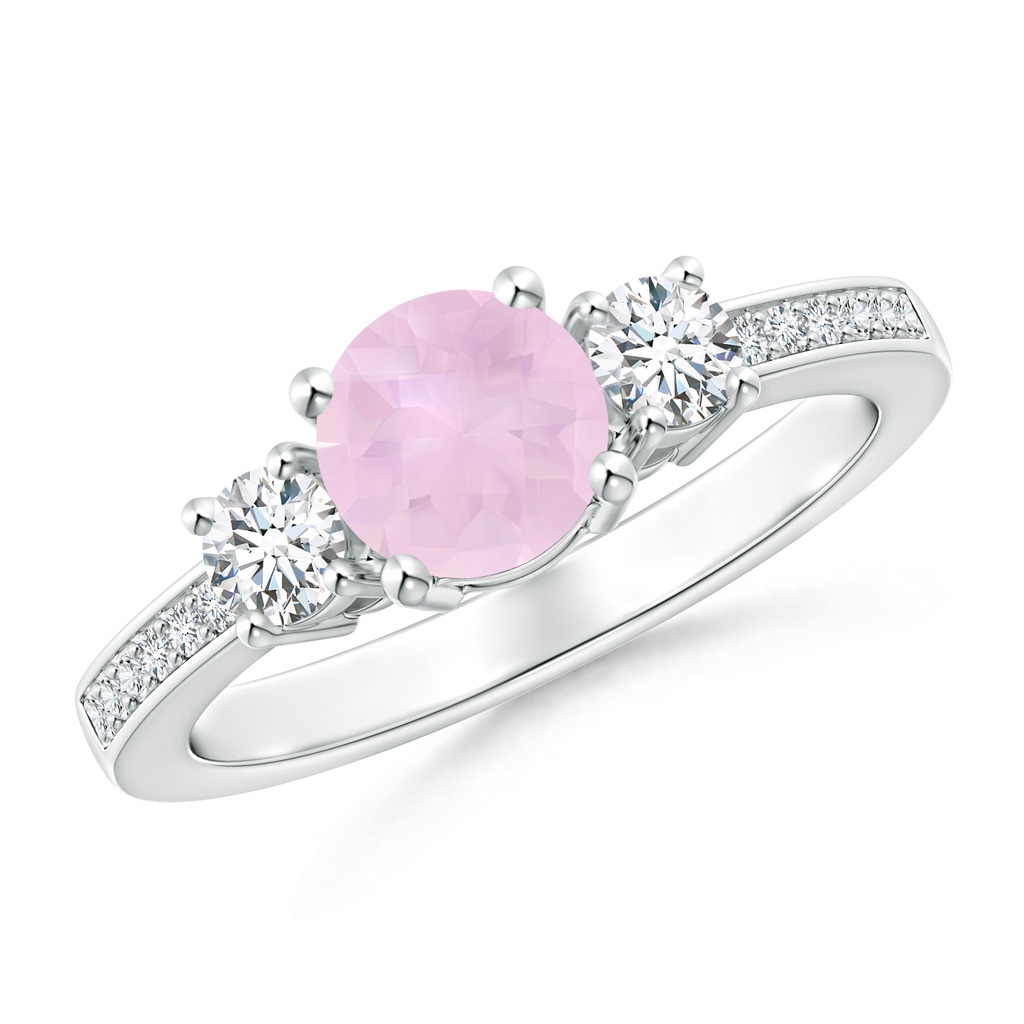 6mm AAA Classic Three Stone Rose Quartz and Diamond Ring in White Gold
