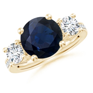 10mm A Classic Three Stone Blue Sapphire and Diamond Ring in 10K Yellow Gold