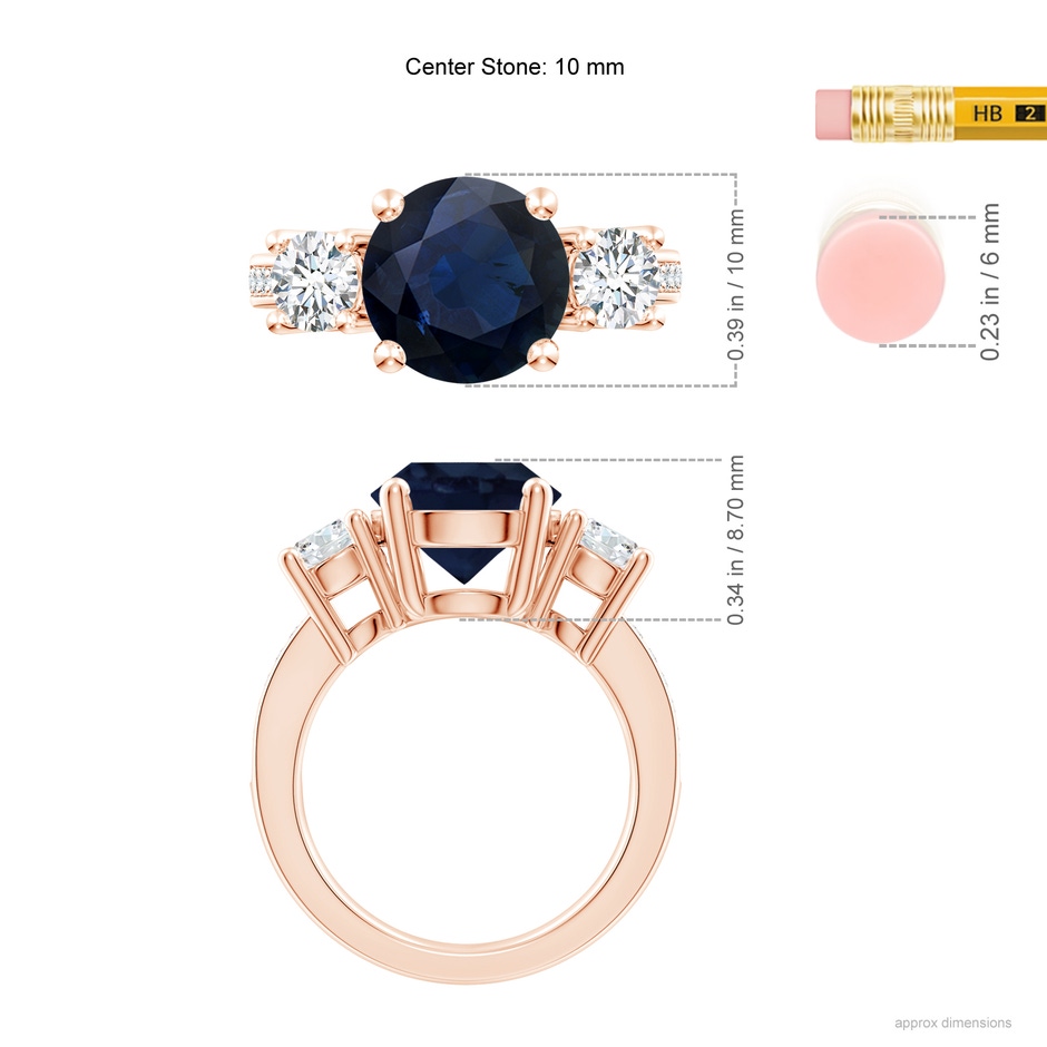 10mm A Classic Three Stone Blue Sapphire and Diamond Ring in Rose Gold ruler