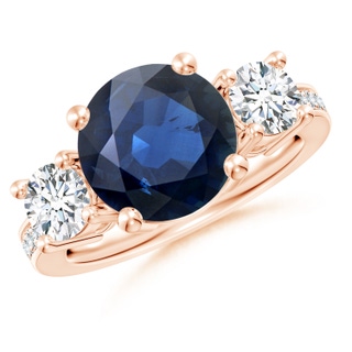 10mm AA Classic Three Stone Blue Sapphire and Diamond Ring in 10K Rose Gold