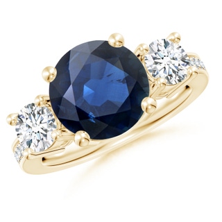 10mm AA Classic Three Stone Blue Sapphire and Diamond Ring in Yellow Gold