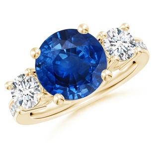 10mm AAA Classic Three Stone Blue Sapphire and Diamond Ring in 10K Yellow Gold