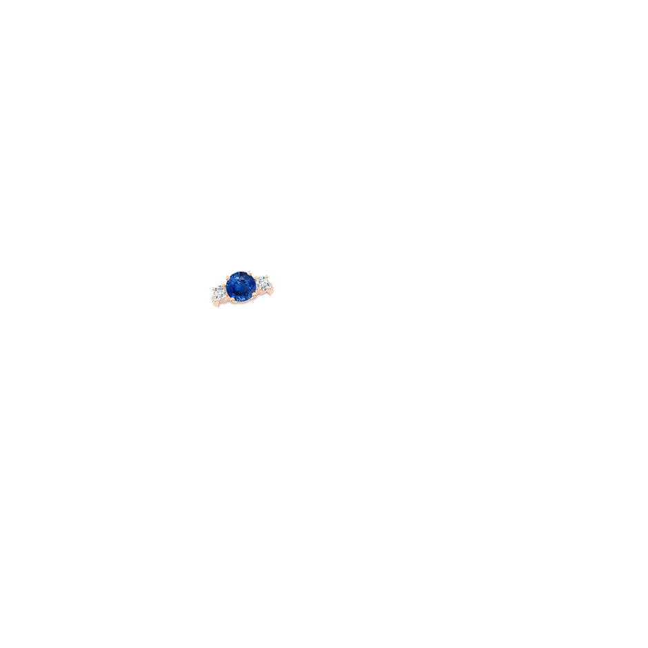10mm AAA Classic Three Stone Blue Sapphire and Diamond Ring in Rose Gold hand