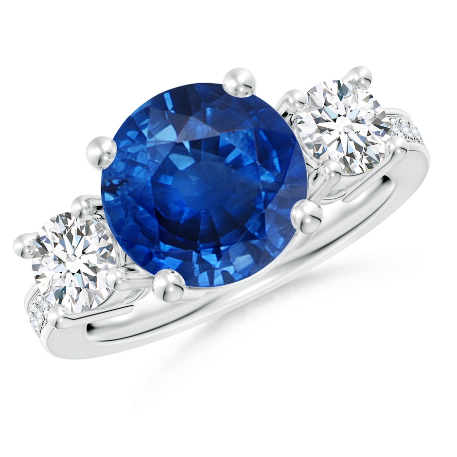 10mm AAA Classic Three Stone Blue Sapphire and Diamond Ring in White Gold 