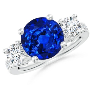 10mm AAAA Classic Three Stone Blue Sapphire and Diamond Ring in P950 Platinum