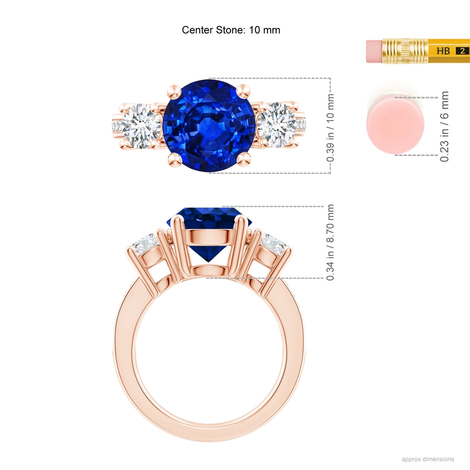 10mm Lab-Grown Classic Three Stone Blue Sapphire and Diamond Ring in Rose Gold ruler