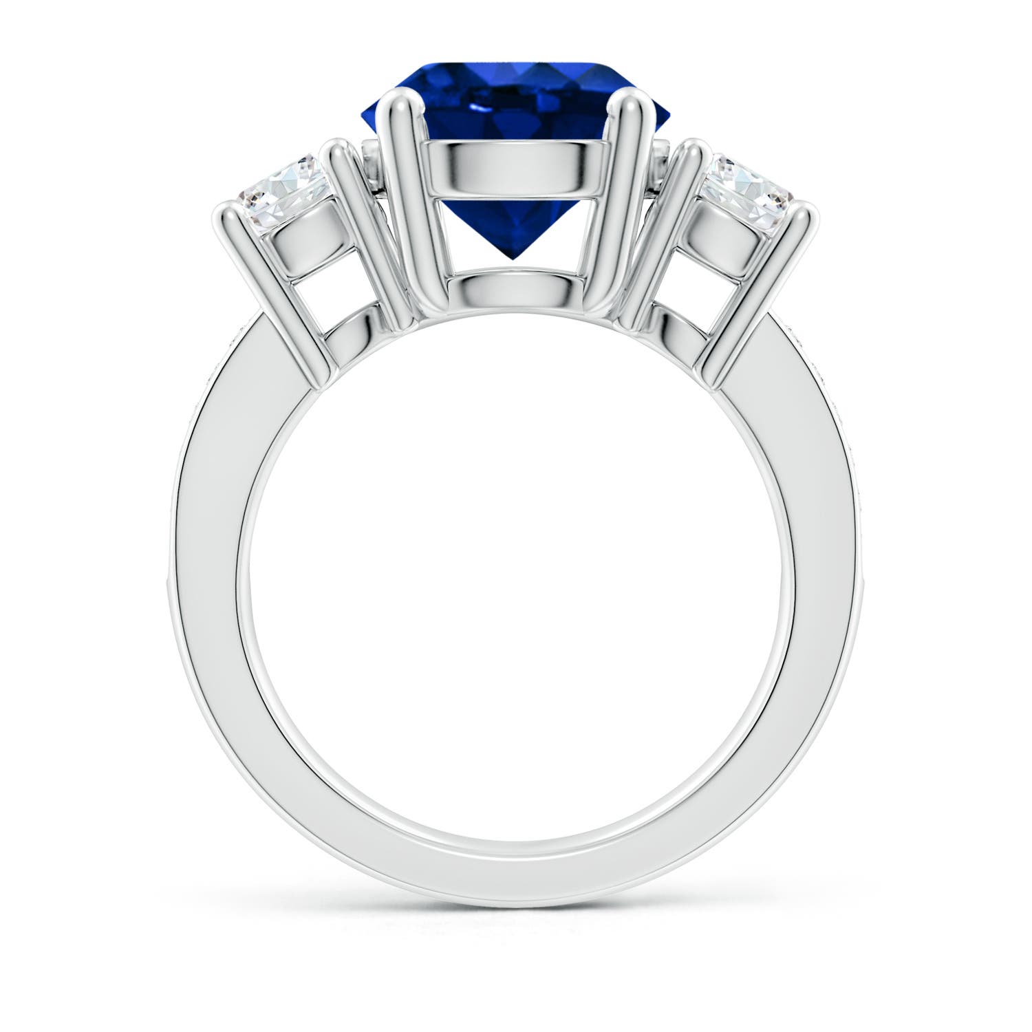 10mm AAAA Classic Three Stone Blue Sapphire and Diamond Ring in White Gold