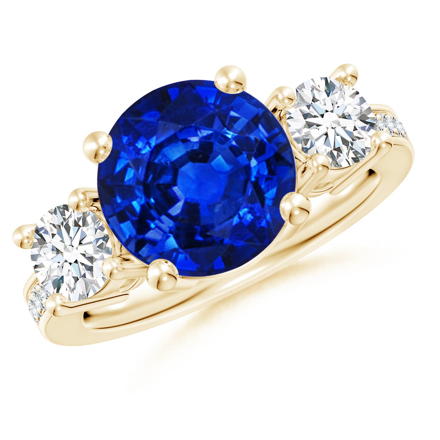 10mm AAAA Classic Three Stone Blue Sapphire and Diamond Ring in Yellow Gold