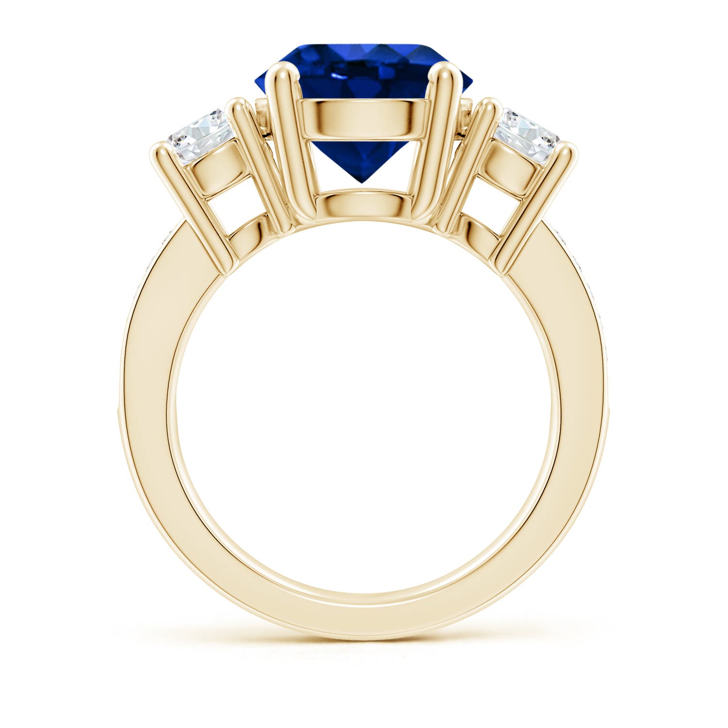 10mm AAAA Classic Three Stone Blue Sapphire and Diamond Ring in Yellow Gold