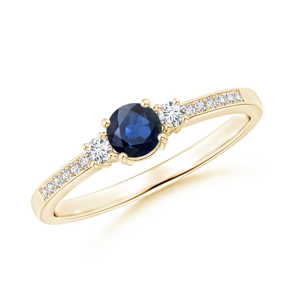 4mm AA Classic Three Stone Blue Sapphire and Diamond Ring in Yellow Gold 