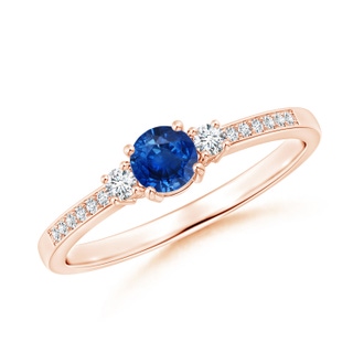 4mm AAA Classic Three Stone Blue Sapphire and Diamond Ring in Rose Gold