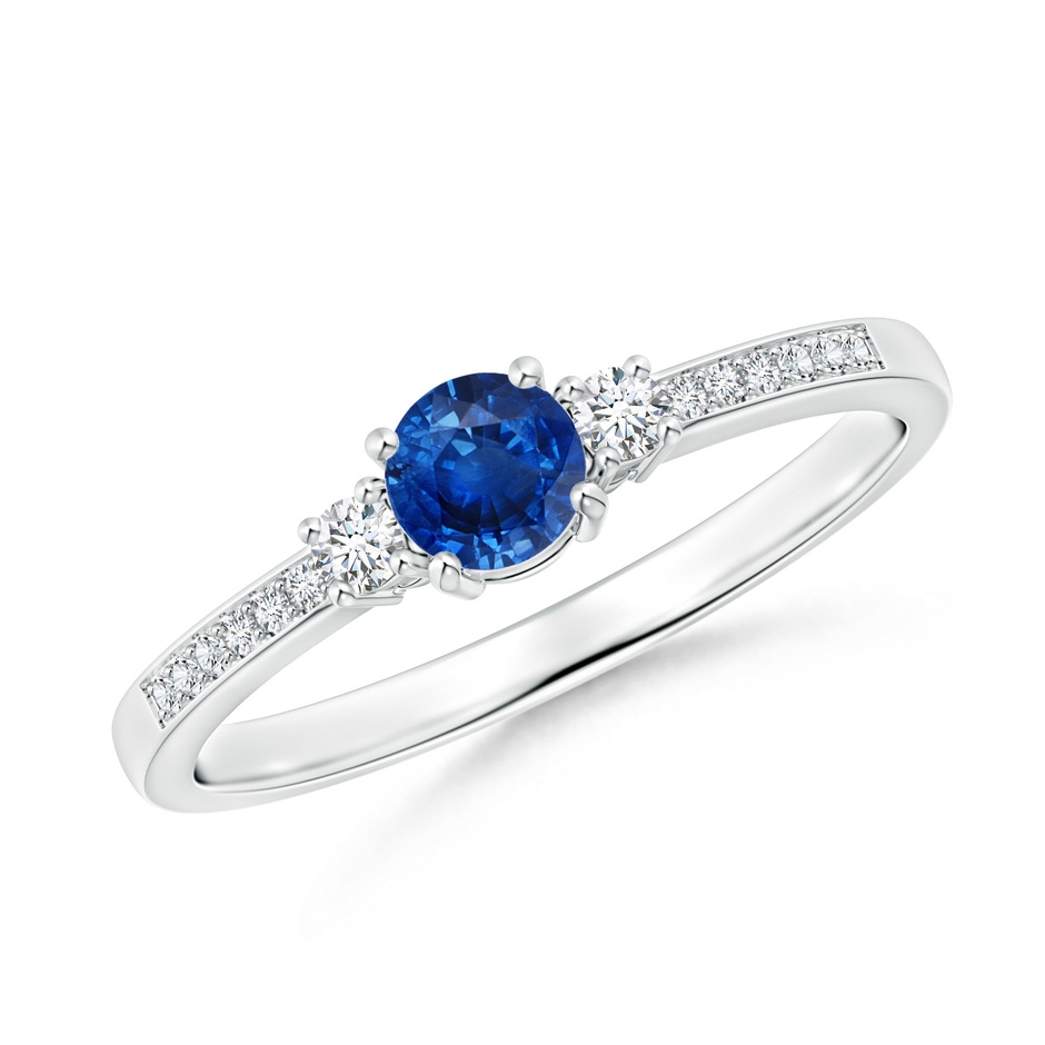 4mm AAA Classic Three Stone Blue Sapphire and Diamond Ring in White Gold 