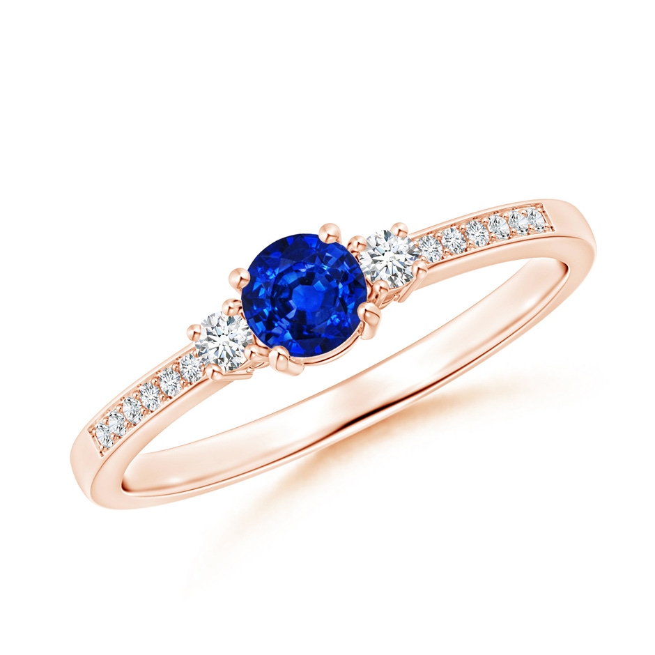 4mm AAAA Classic Three Stone Blue Sapphire and Diamond Ring in Rose Gold 