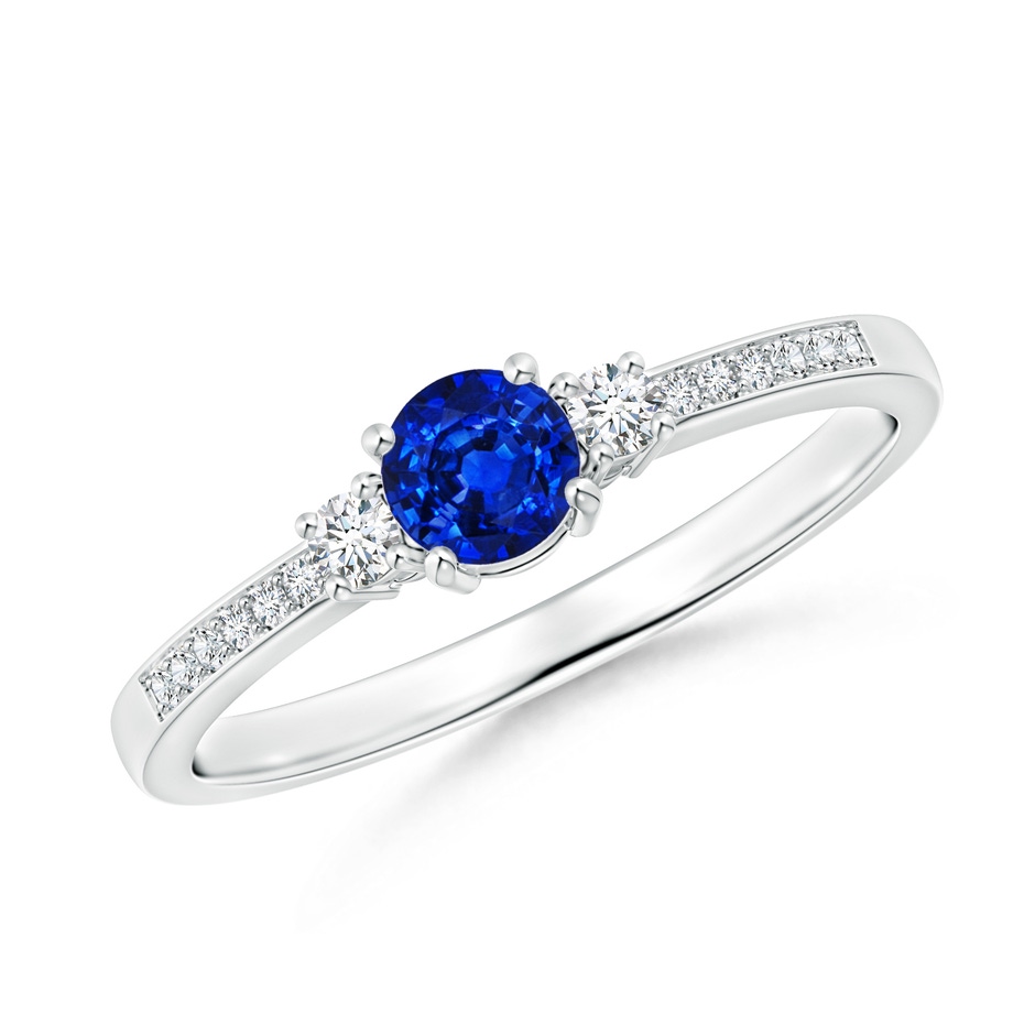 4mm AAAA Classic Three Stone Blue Sapphire and Diamond Ring in White Gold 