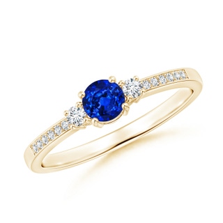 4mm AAAA Classic Three Stone Blue Sapphire and Diamond Ring in Yellow Gold