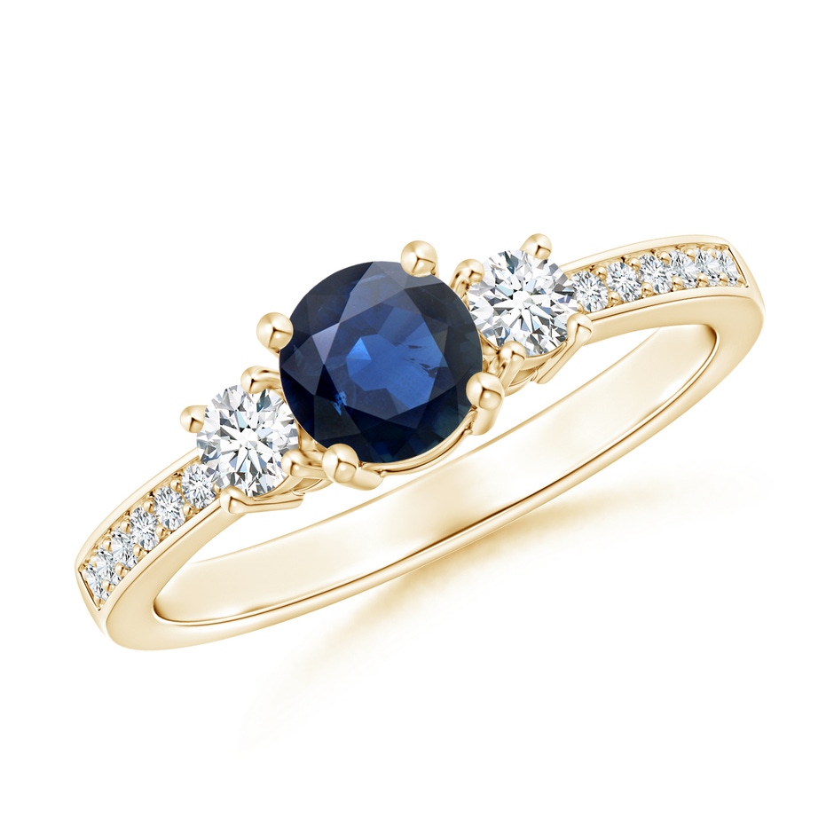 5mm AA Classic Three Stone Blue Sapphire and Diamond Ring in Yellow Gold 