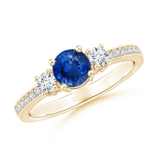 5mm AAA Classic Three Stone Blue Sapphire and Diamond Ring in Yellow Gold