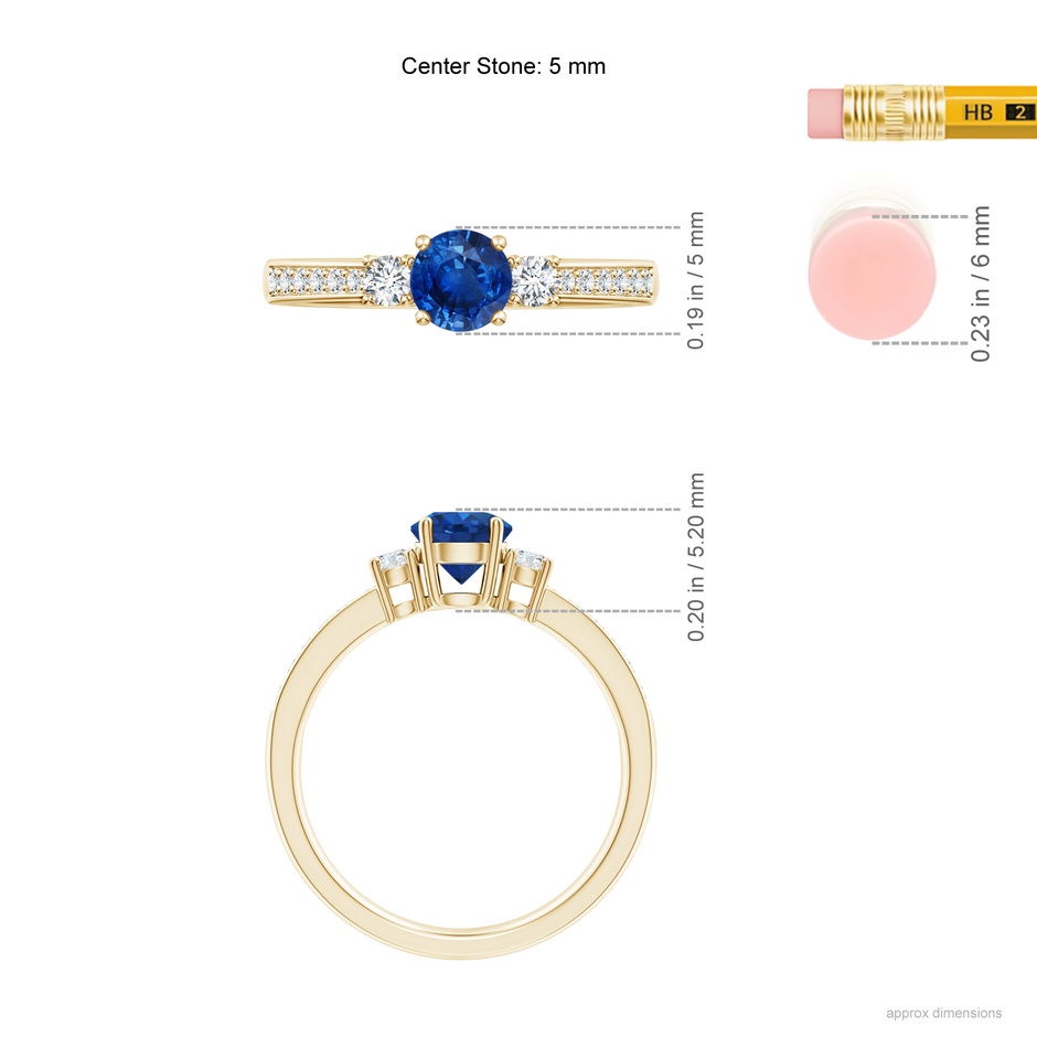 5mm AAA Classic Three Stone Blue Sapphire and Diamond Ring in Yellow Gold ruler