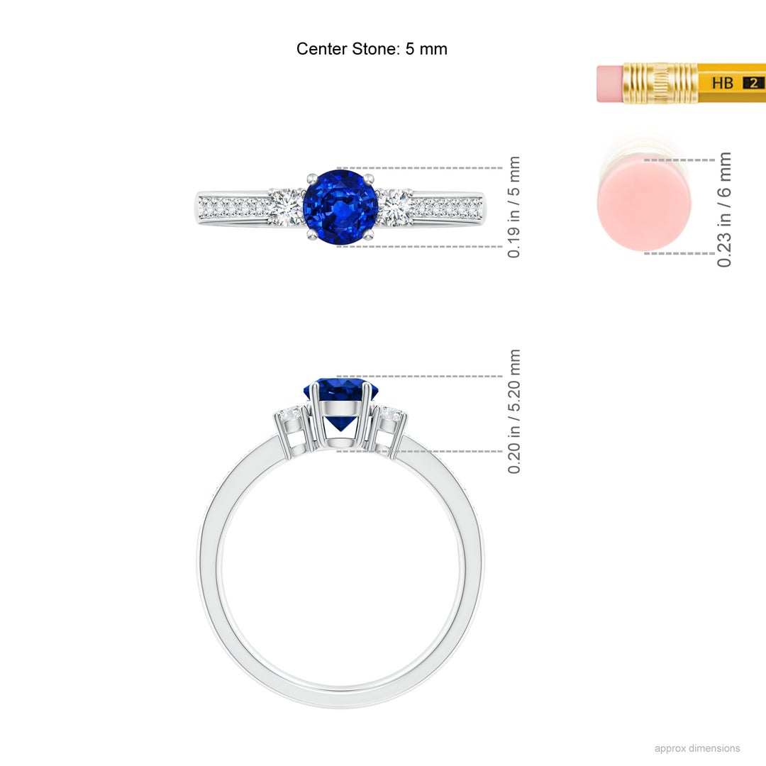 5mm AAAA Classic Three Stone Blue Sapphire and Diamond Ring in White Gold - ruler