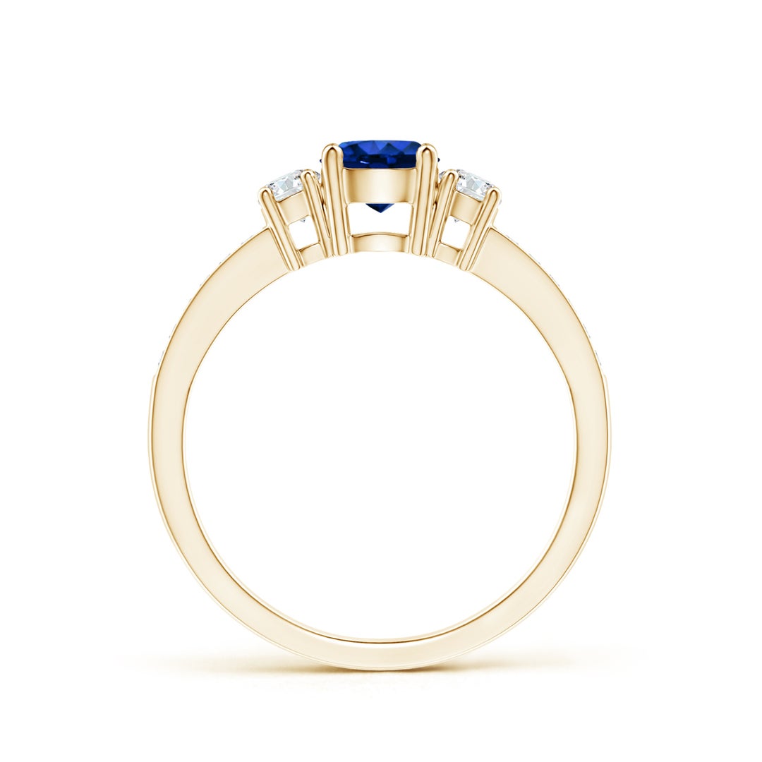5mm AAAA Classic Three Stone Blue Sapphire and Diamond Ring in Yellow Gold - side 3