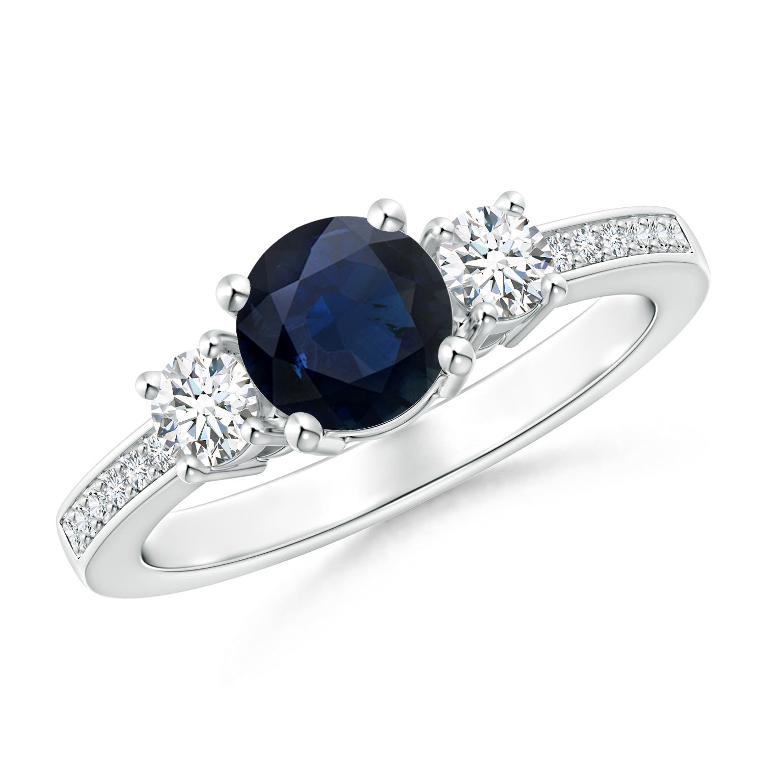 6mm A Classic Three Stone Blue Sapphire and Diamond Ring in P950 Platinum