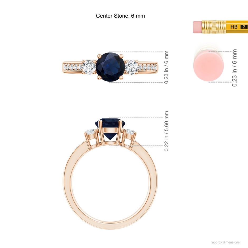 6mm A Classic Three Stone Blue Sapphire and Diamond Ring in Rose Gold ruler