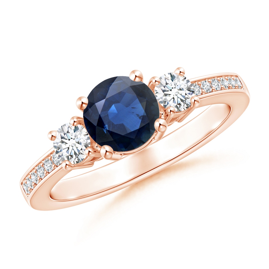 6mm AA Classic Three Stone Blue Sapphire and Diamond Ring in Rose Gold 