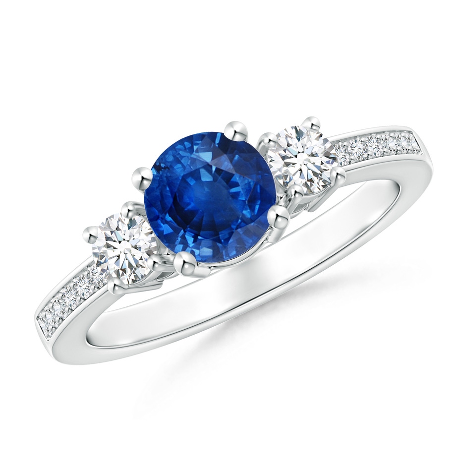 6mm AAA Classic Three Stone Blue Sapphire and Diamond Ring in White Gold 