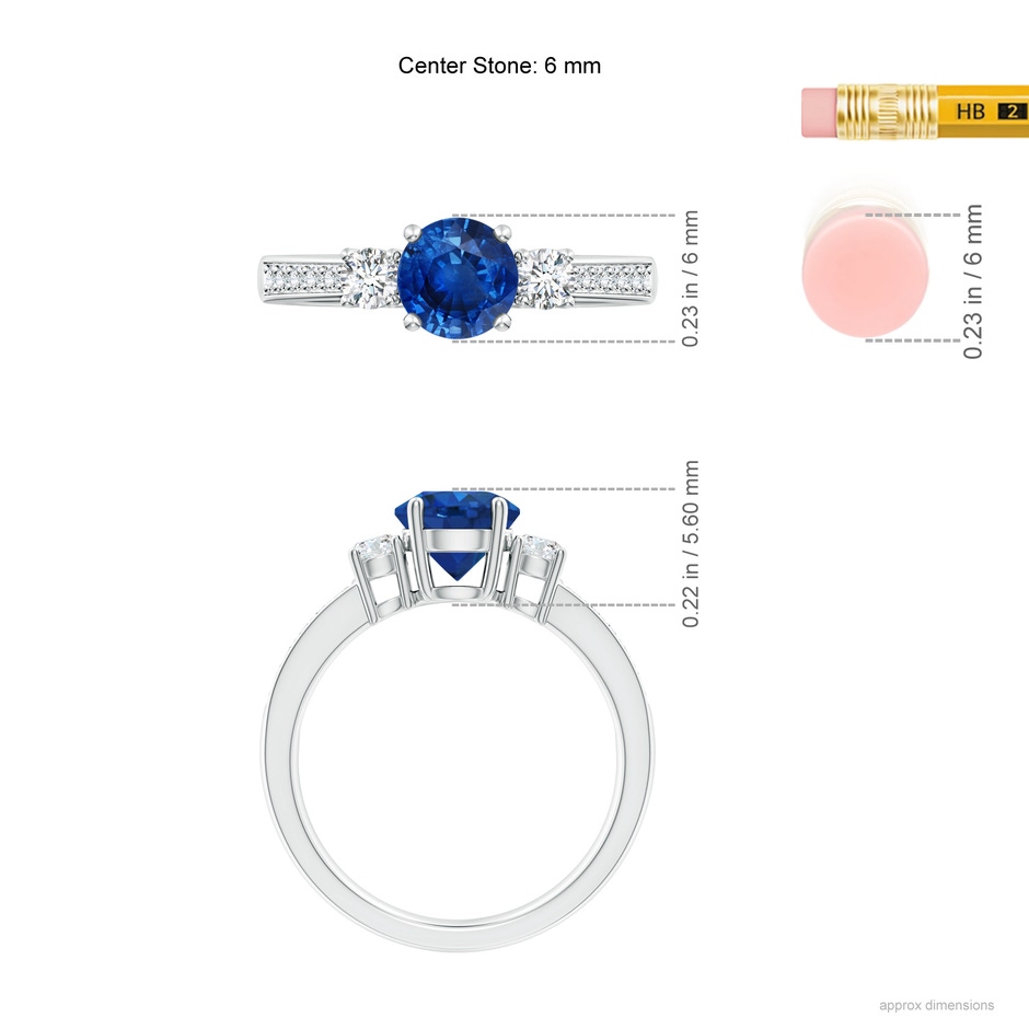 6mm AAA Classic Three Stone Blue Sapphire and Diamond Ring in White Gold ruler