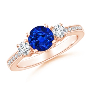 6mm AAAA Classic Three Stone Blue Sapphire and Diamond Ring in Rose Gold