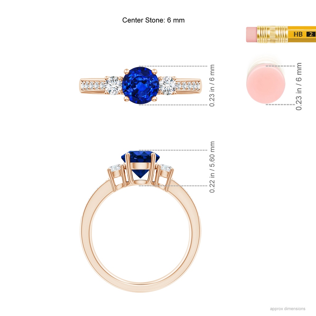 6mm AAAA Classic Three Stone Blue Sapphire and Diamond Ring in Rose Gold ruler