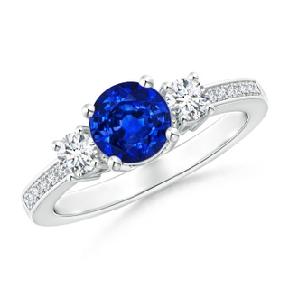 6mm AAAA Classic Three Stone Blue Sapphire and Diamond Ring in White Gold