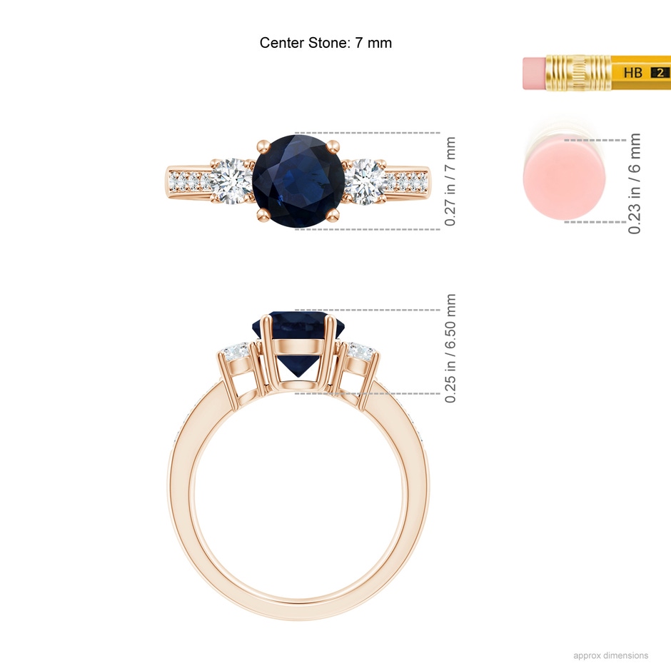 7mm A Classic Three Stone Blue Sapphire and Diamond Ring in Rose Gold ruler