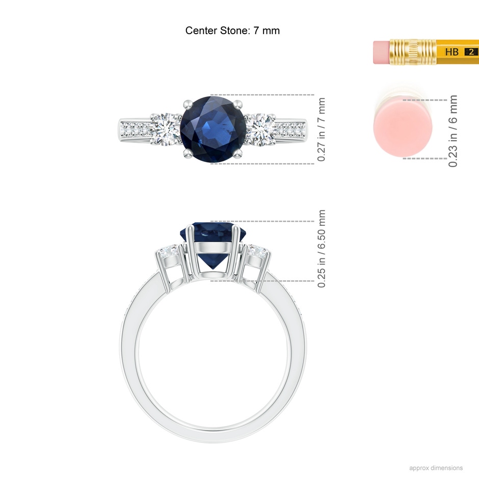 7mm AA Classic Three Stone Blue Sapphire and Diamond Ring in White Gold ruler