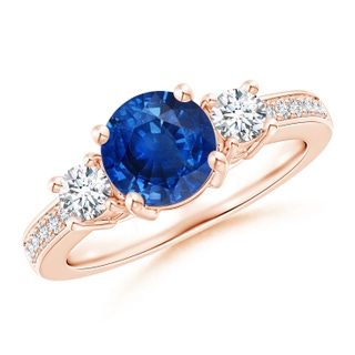 7mm AAA Classic Three Stone Blue Sapphire and Diamond Ring in Rose Gold