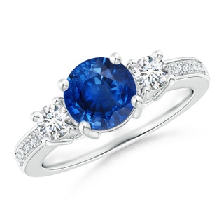 7mm AAA Classic Three Stone Blue Sapphire and Diamond Ring in White Gold