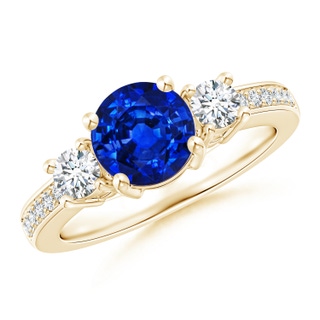 7mm AAAA Classic Three Stone Blue Sapphire and Diamond Ring in 10K Yellow Gold