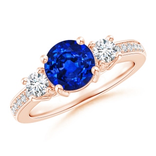 7mm AAAA Classic Three Stone Blue Sapphire and Diamond Ring in 9K Rose Gold