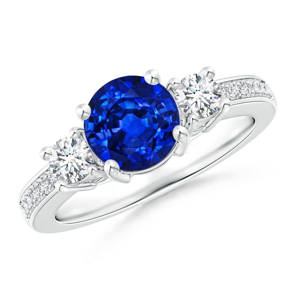 7mm AAAA Classic Three Stone Blue Sapphire and Diamond Ring in P950 Platinum 