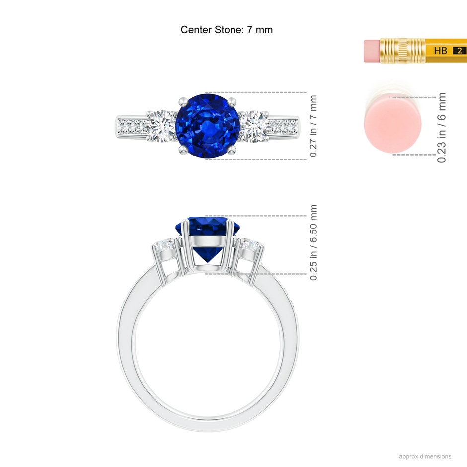 7mm AAAA Classic Three Stone Blue Sapphire and Diamond Ring in P950 Platinum ruler