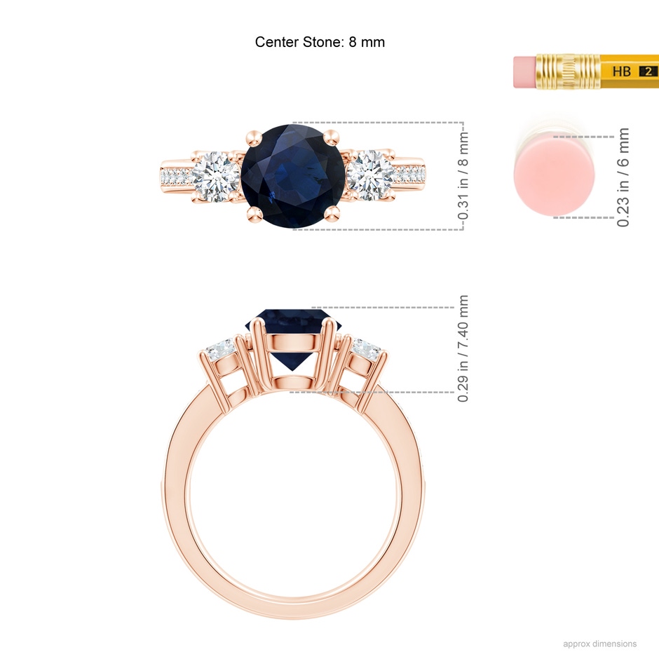 8mm A Classic Three Stone Blue Sapphire and Diamond Ring in Rose Gold ruler