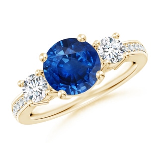 8mm AAA Classic Three Stone Blue Sapphire and Diamond Ring in 10K Yellow Gold