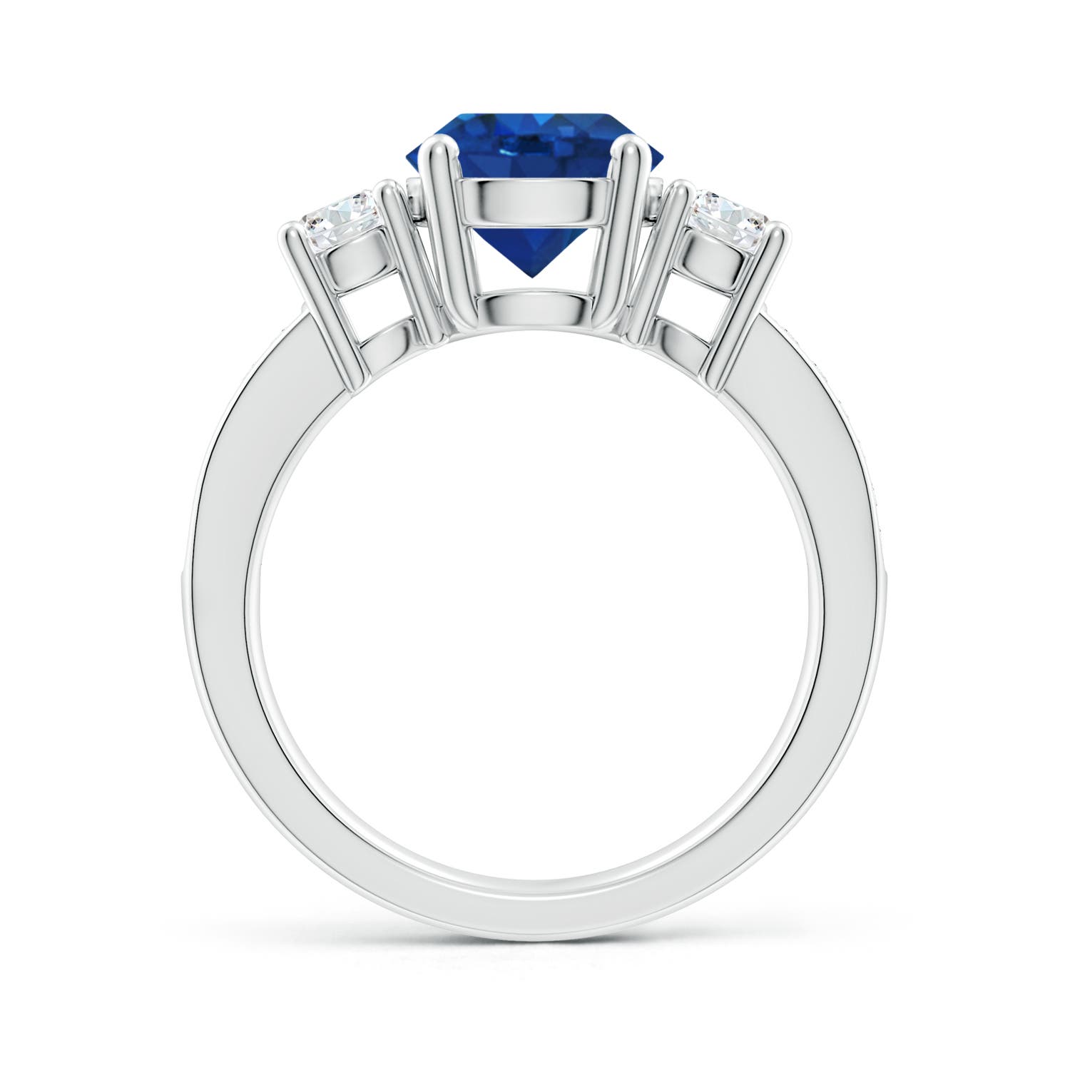 8mm AAA Classic Three Stone Blue Sapphire and Diamond Ring in White Gold