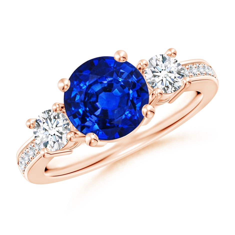 8mm AAAA Classic Three Stone Blue Sapphire and Diamond Ring in Rose Gold 