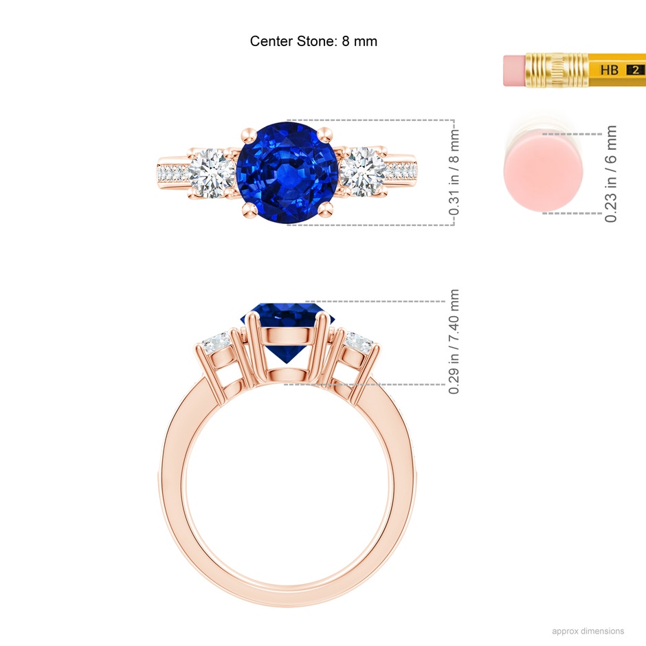 8mm AAAA Classic Three Stone Blue Sapphire and Diamond Ring in Rose Gold ruler