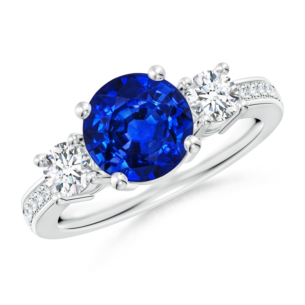 8mm Lab-Grown Classic Three Stone Blue Sapphire and Diamond Ring in White Gold