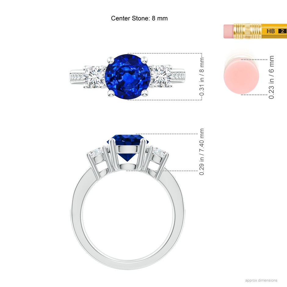 8mm Lab-Grown Classic Three Stone Blue Sapphire and Diamond Ring in White Gold ruler