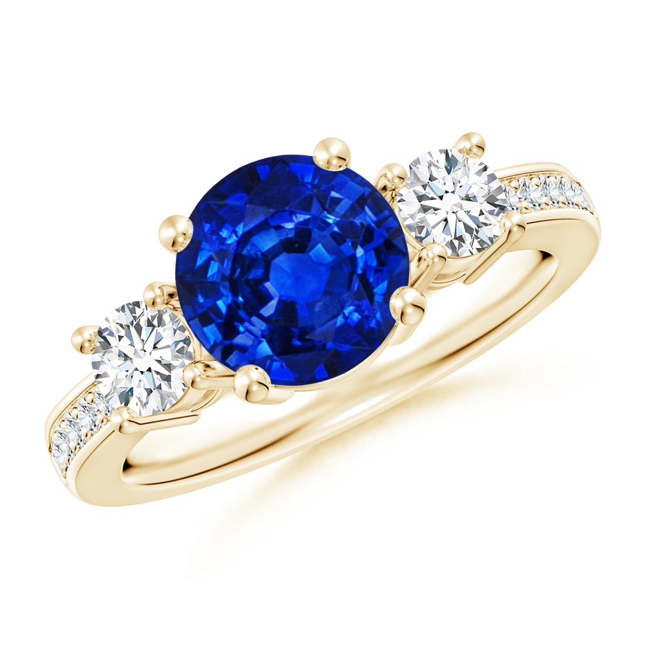8mm AAAA Classic Three Stone Blue Sapphire and Diamond Ring in Yellow Gold 