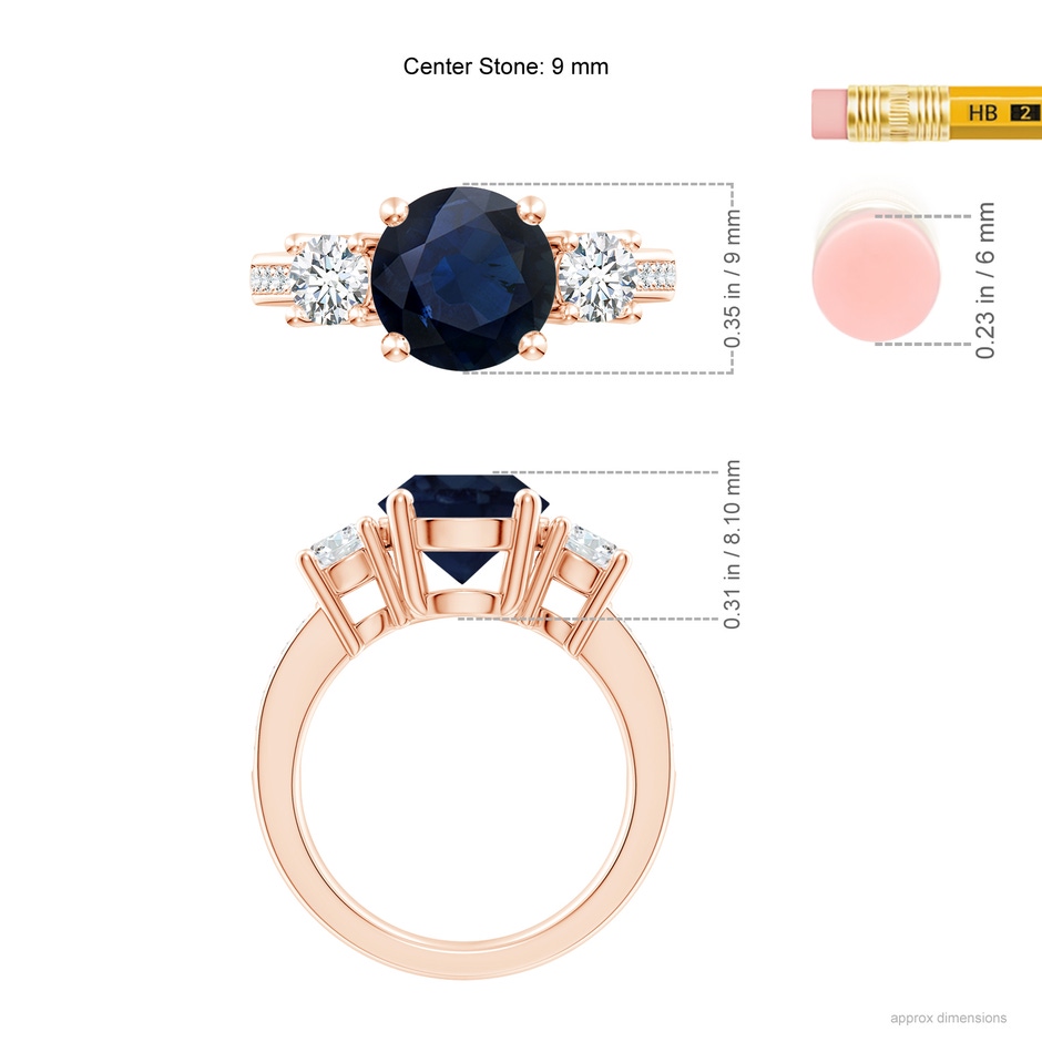 9mm A Classic Three Stone Blue Sapphire and Diamond Ring in Rose Gold ruler