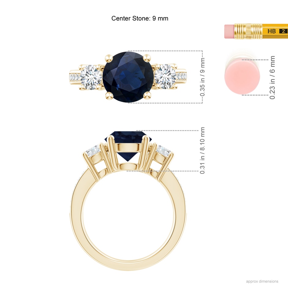 9mm A Classic Three Stone Blue Sapphire and Diamond Ring in Yellow Gold ruler